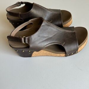 Corkys Carly Dark Brown Leather Cork Wedge Slingback Sandals